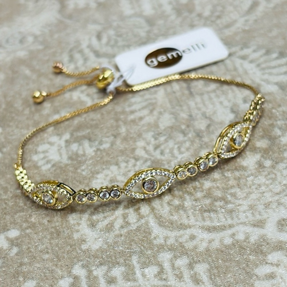 Brand New Gemelli Pave Crystal Evil Eye Gold Tone Bolo Adjustable Bracelet Boho